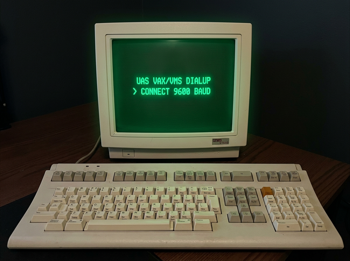 DEC VT510 terminal showing UAS VAX/VMS DIALUP and CONNECT 9600 BAUD