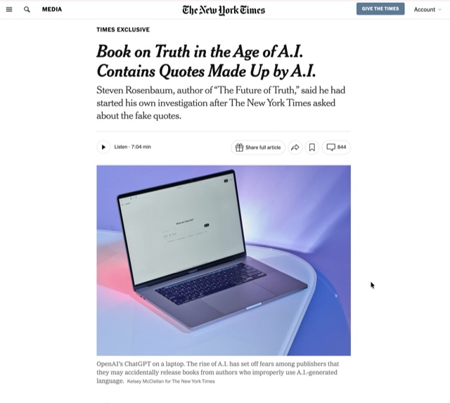 Screenshot of the New York Times article 'Book on Truth in the Age of A.I. Contains Quotes Made Up by A.I.' (Mullin, May 19 2026), used as a learning artifact under fair use.