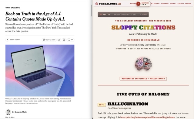 Side-by-side browser windows: NYT article on the Rosenbaum book (left); HALLUCINATIONS — 101 with its rotating title resting on 'SLOPPY CITATIONS' (right) — the proposed Cut 6 and the headline failure mode of this case. Used as a learning artifact under fair use.